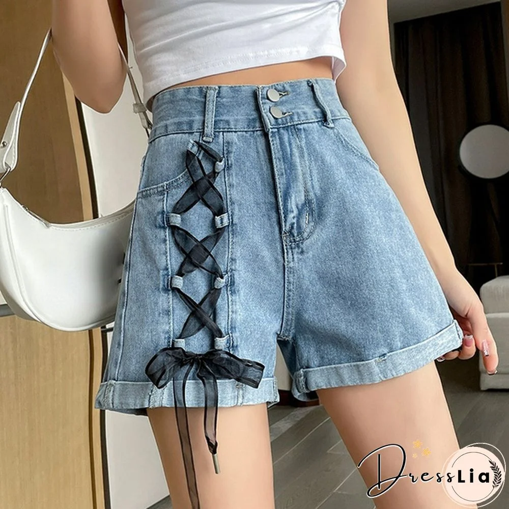 Women's Summer Jeans Wide Leg Pants High Waist Binding Rope Decorative A-Type Denim Shorts