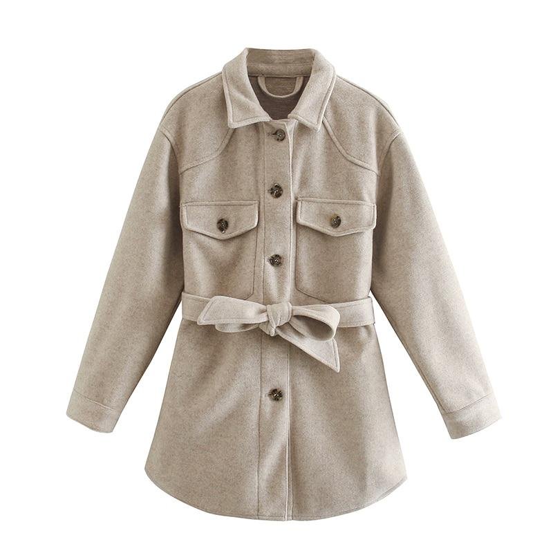 PUWD Vintage Woman Loose Sashes Woolen Coats 2020 Chic Female Autumn Soft TurnDown Collar Outwear Ladies Elegant Pockets Jackets