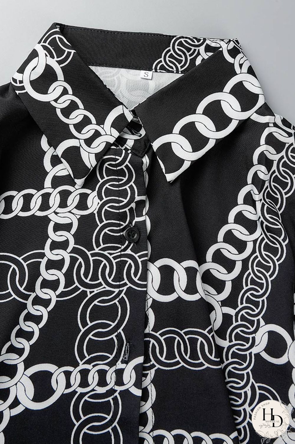 White Casual Print Patchwork Buckle Turndown Collar Tops