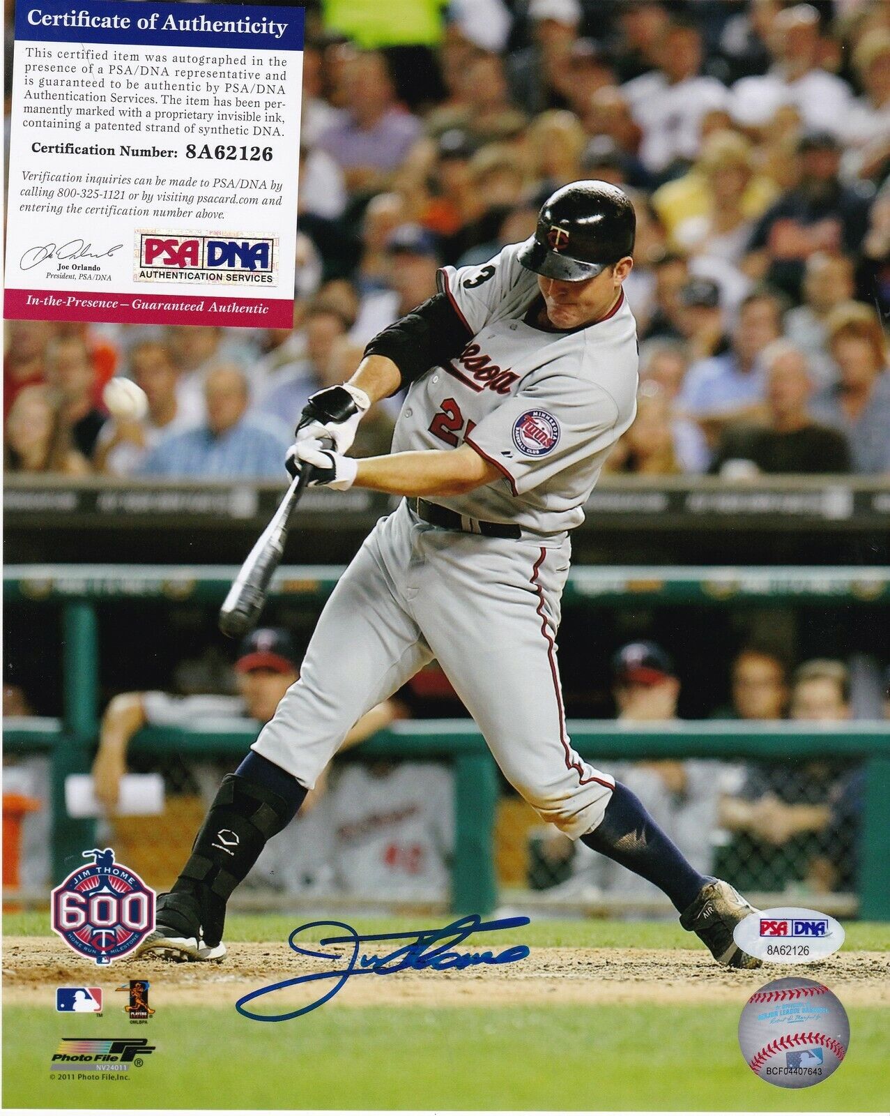 JIM THOME MINNESOTA TWINS 600th PSA/DNA AUTHENTICATED ACTION SIGNED 8x10