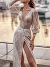 Bronzing Deep V-Neck Half Sleeve Hollow Split-Side V-Back Evening Maxi Dress