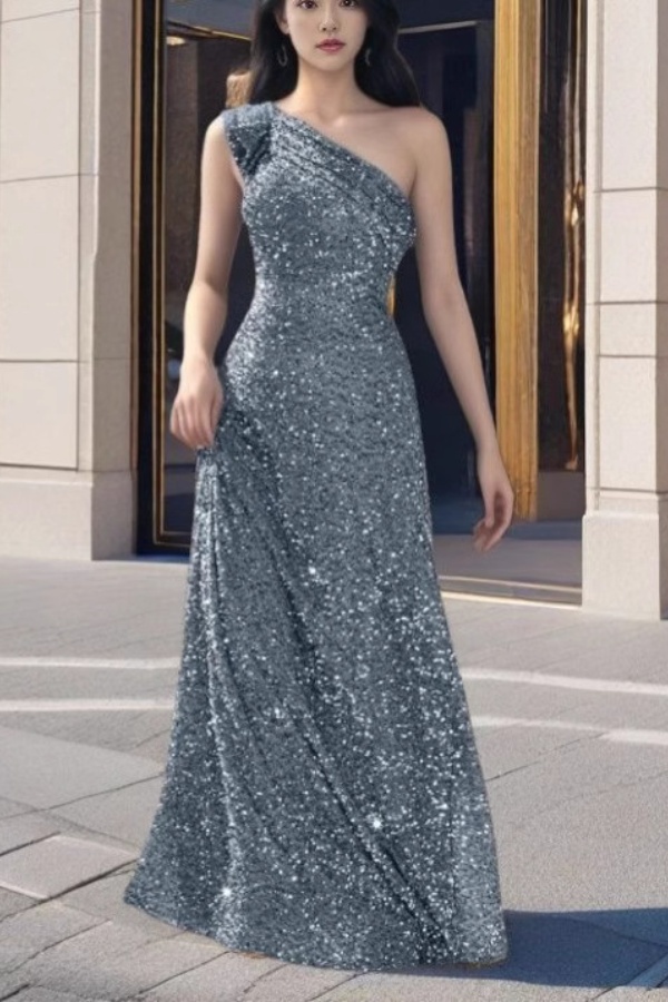 Ovlias Shining Silver One Shoulder Prom Dress Floor Length with Sequins JQ0106