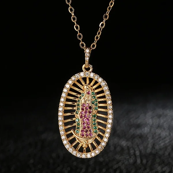 Stainless Steel Virgin Mary Pendant Necklace Gold Crystal Necklace Women Fashion Pendant Religious Catholic Jewelry