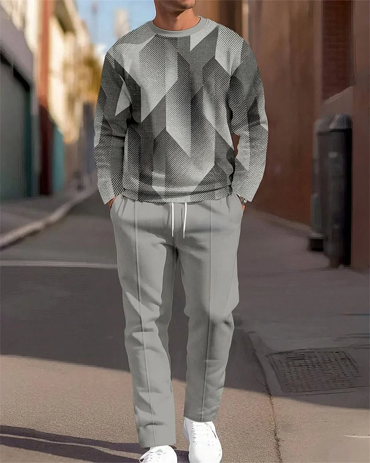 Men's Simple Grey Gradient Geometric Print Round Neck Sweatshirt Two-piece Set