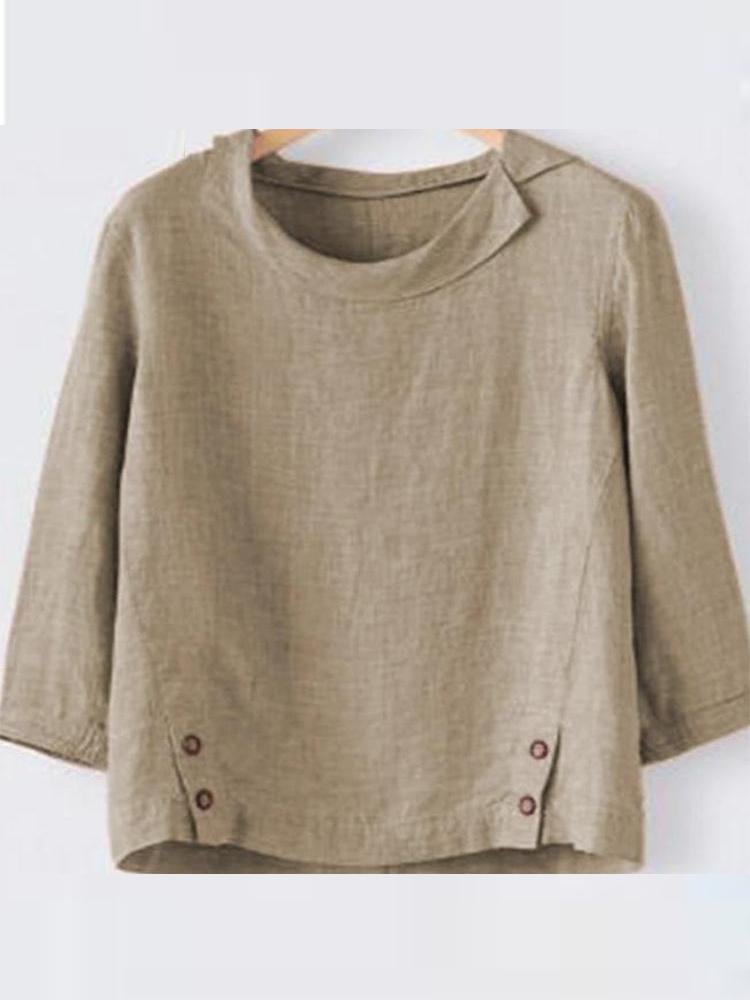 Spring Cotton And Linen Solid Color Long-Sleeved Top