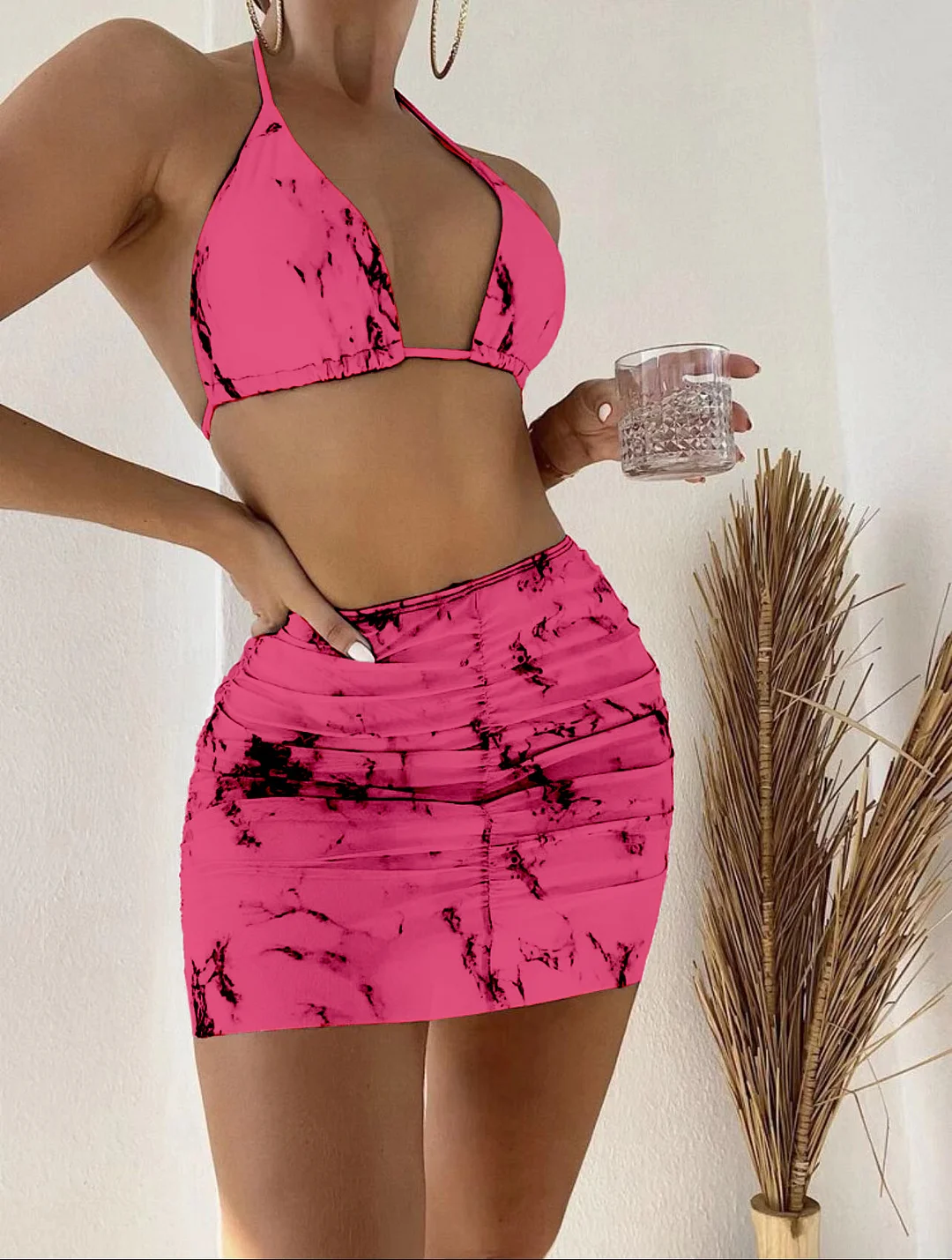 Brownm 2022 New Marble Printed Mesh Three-Piece Short Skirt Swimsuit Bikini