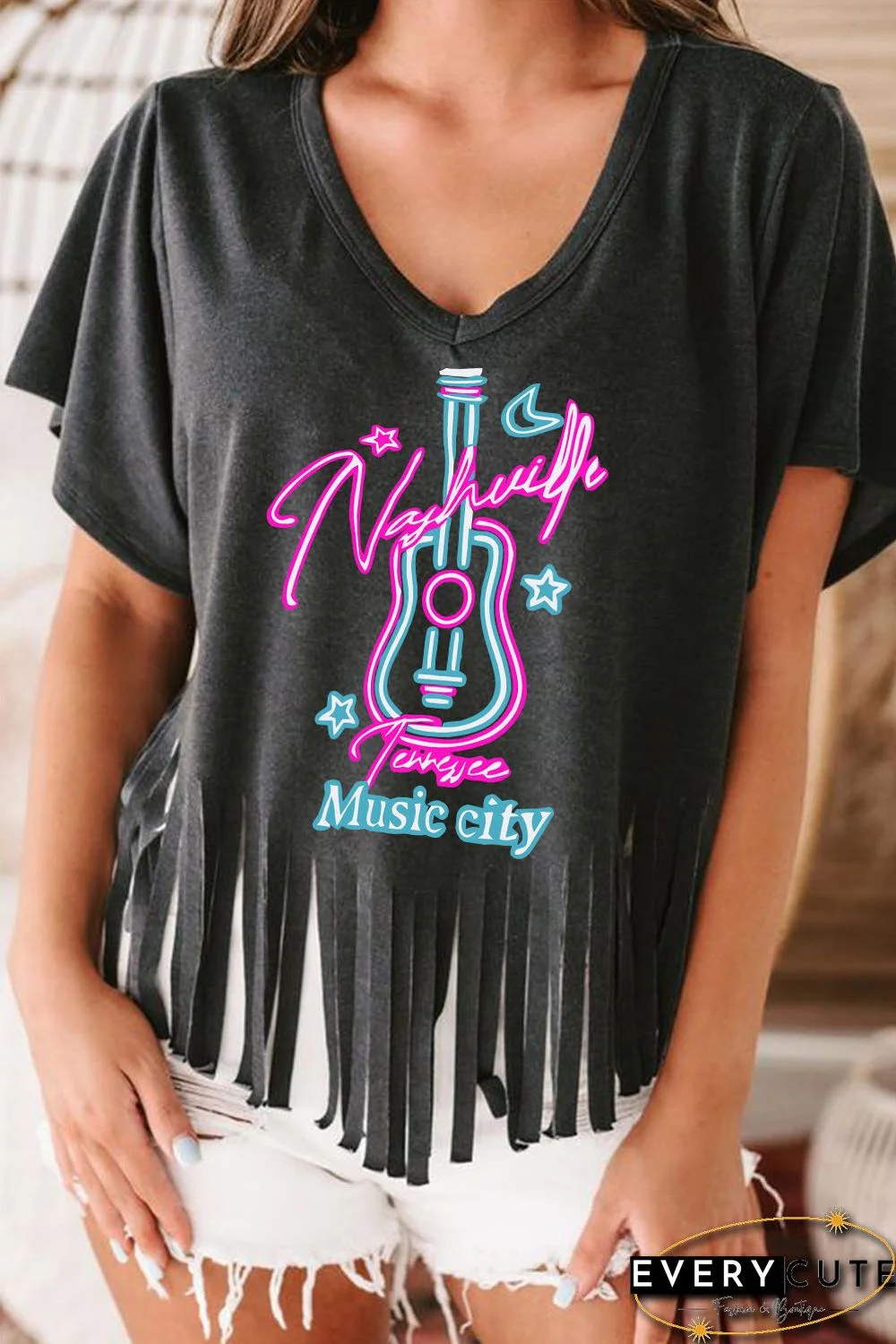 Black Nashville Guitar Slogan Print Fringed V Neck Graphic Tee