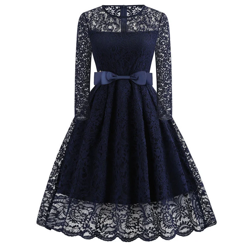 Vintage Lace Dress For Women Long Sleeve Slim Swing Dress