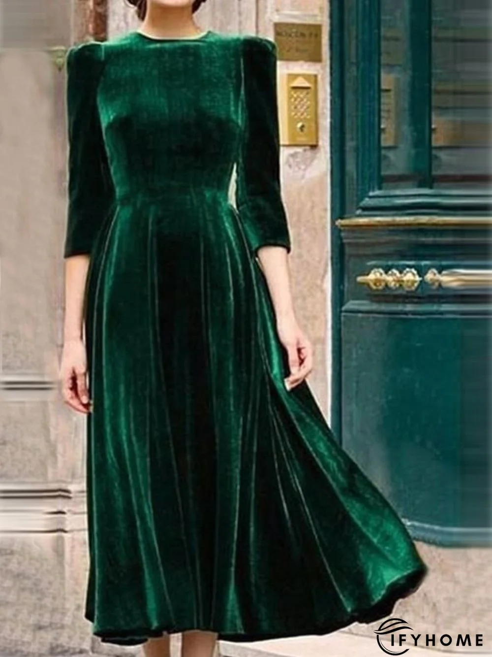 Army Green Vintage Velvet Knitting Dress | IFYHOME