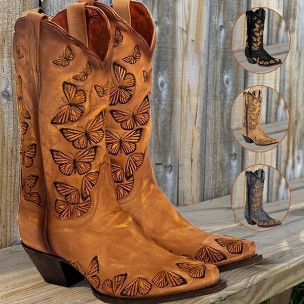 Fashion Embroidered Butterfly Cowgirl Boots Rustic Tan Medieval Western Boots Women's Retro Knee High Leather Boots - Shop Trendy Women's Clothing | LoverChic