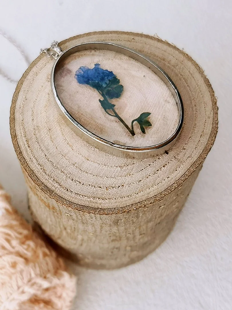 Pressed Flower Necklace -  Forget Me Not Flower Oval