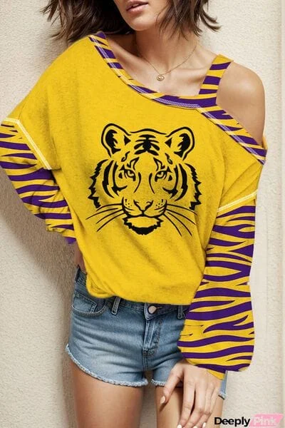 Tiger Graphic Asymmetrical Neck Long Sleeve T-Shirt