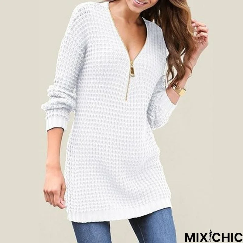 V-Neck Zipper Long Sleeve Sweater Ladies Autumn and Winter Sweater