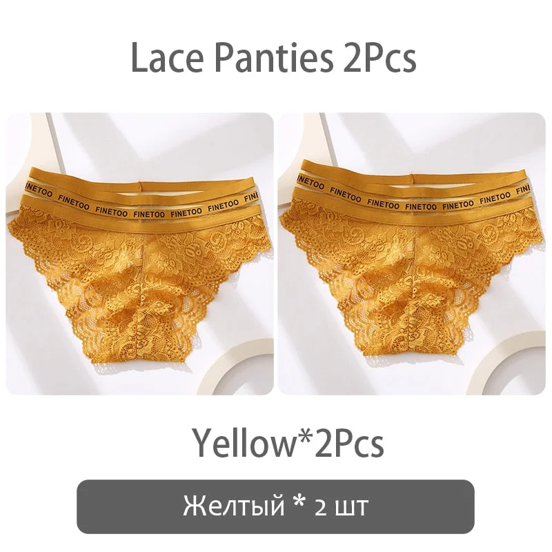 FINETOO 2Pcs Lace Panties Women Sexy Transparent Briefs Low Waist Floral Underwear Fashion Ladies Underpants L-2XL Girl Lingerie