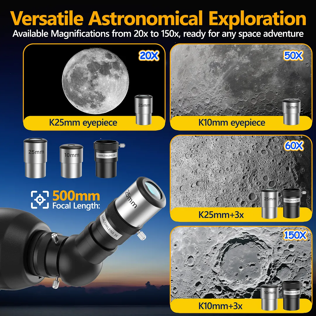 BEBANG 20X-150X Telescope for Adults Astronomy, 70mm Aperture 500mm Refractor Telescope for Kids, FMC, Phone Adapter and Moon Filters