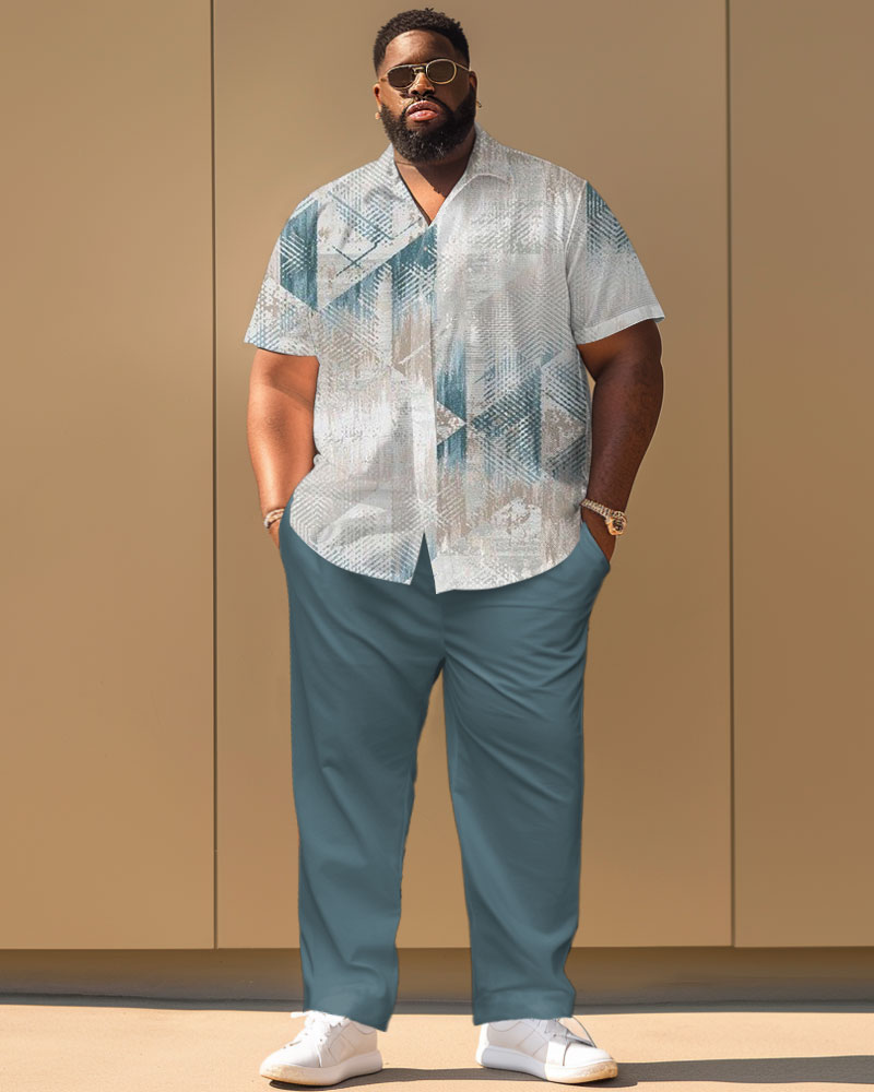 Striped Geometric Print Short Sleeve Shirt Trousers Suit Men's Plus Size
