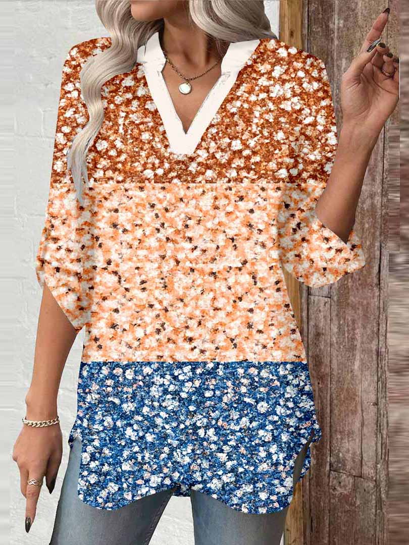 Women Floral, Blue, Patchwork DZGA0051 3/4 Sleeve V-neck Printed Graphic Button Tops
