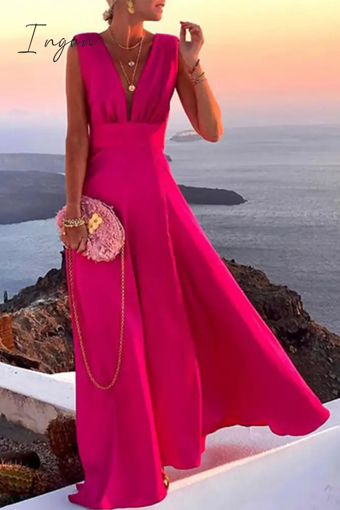 Ingvn - Casual Solid Patchwork V Neck Cake Skirt Dresses Pink / S Dresses/Party And Cocktail