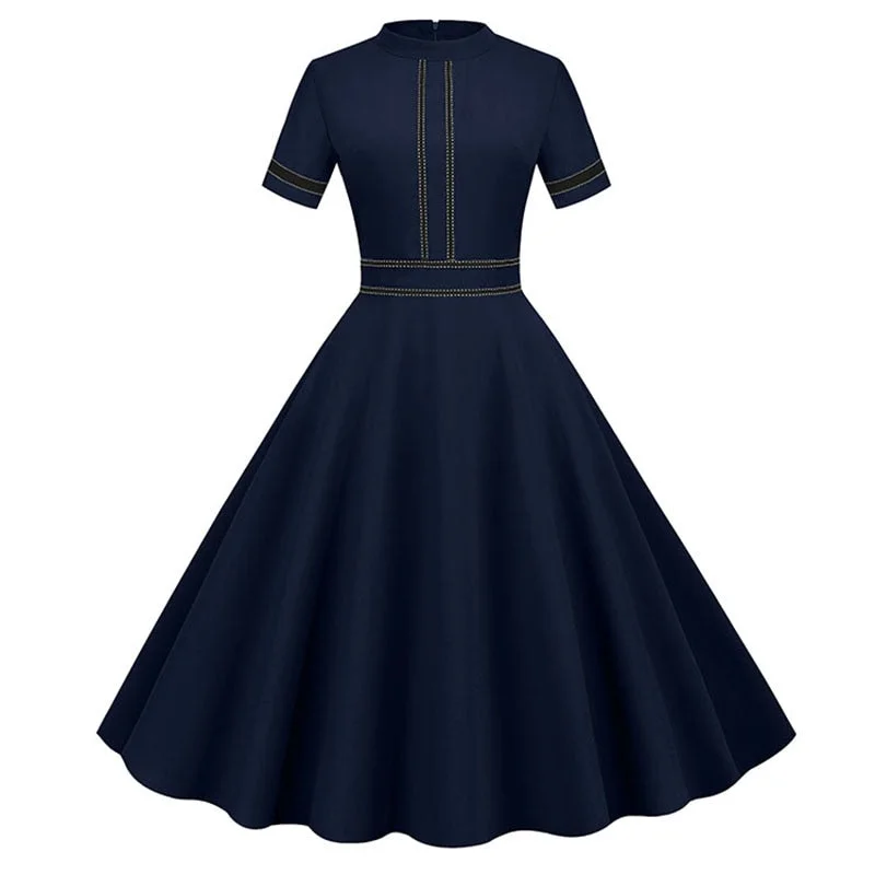 Solid Women Summer Dress Elegant Short Sleeve Stand Collar Vintage A-line Midi Long Office Party Sundress Robe