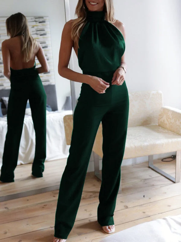 Solid Color Backless Halter Jumpsuit