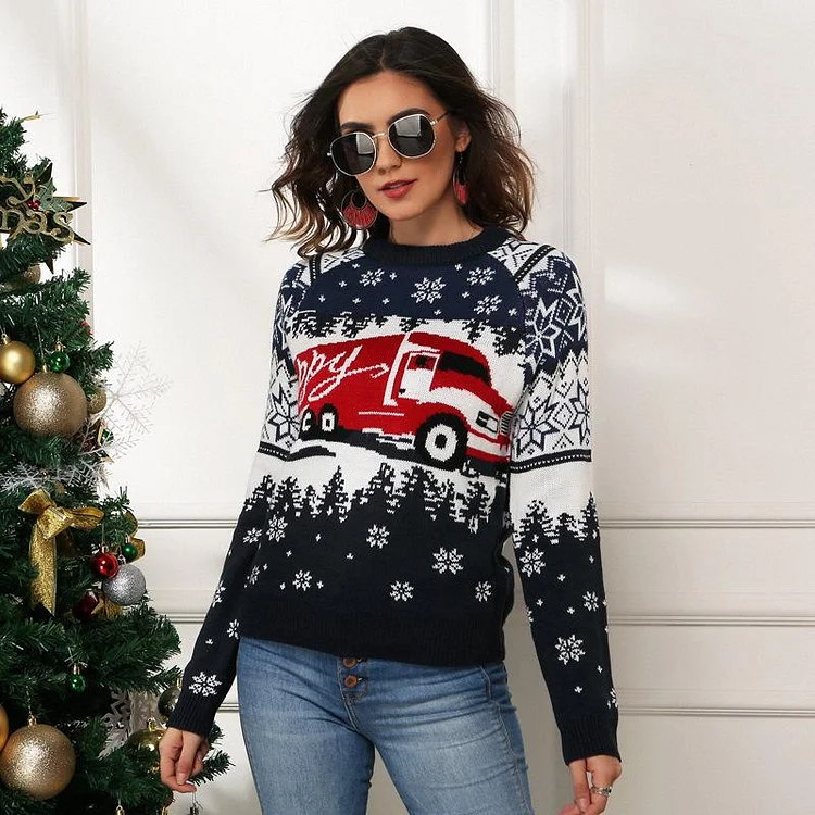 Mayoulove Ugly Christmas Sweater Snowflake Print Pullover Long Sleeve Loose Knitted Sweater-Mayoulove