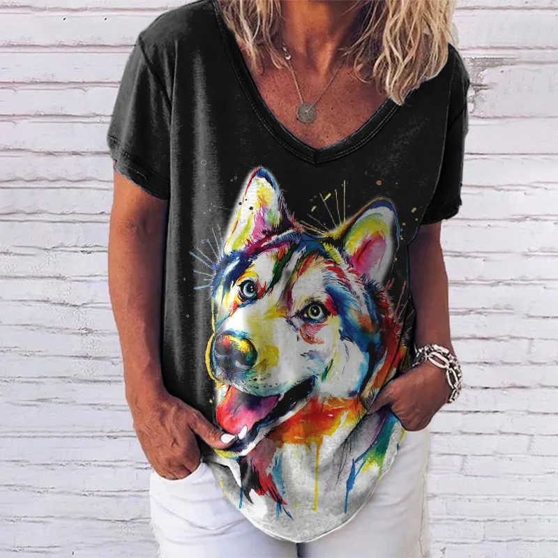 Casual Colorful Dog Short Sleeve T-Shirt