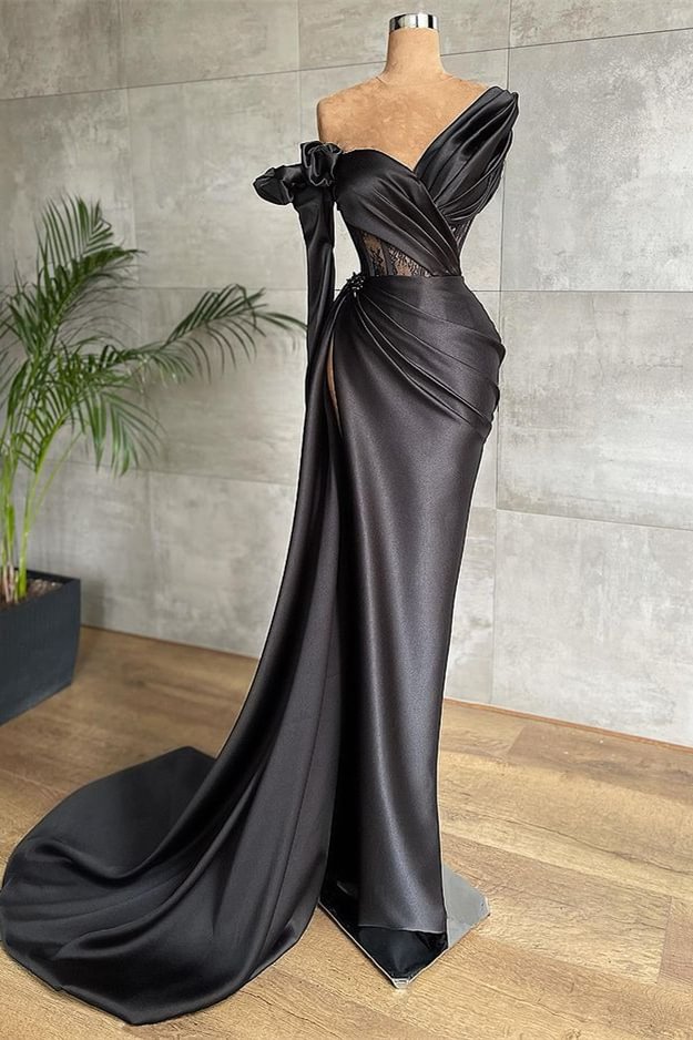 Schwarze Langarmer Meerjungfrau Abendkleid mit Split PD0515 Lunass
