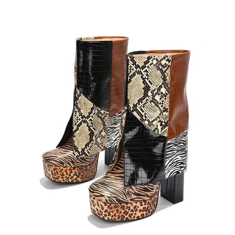Multicolor Snakeskin Leopard Shoes Vintage Chunky Heel Zebra Boots Nicepairs