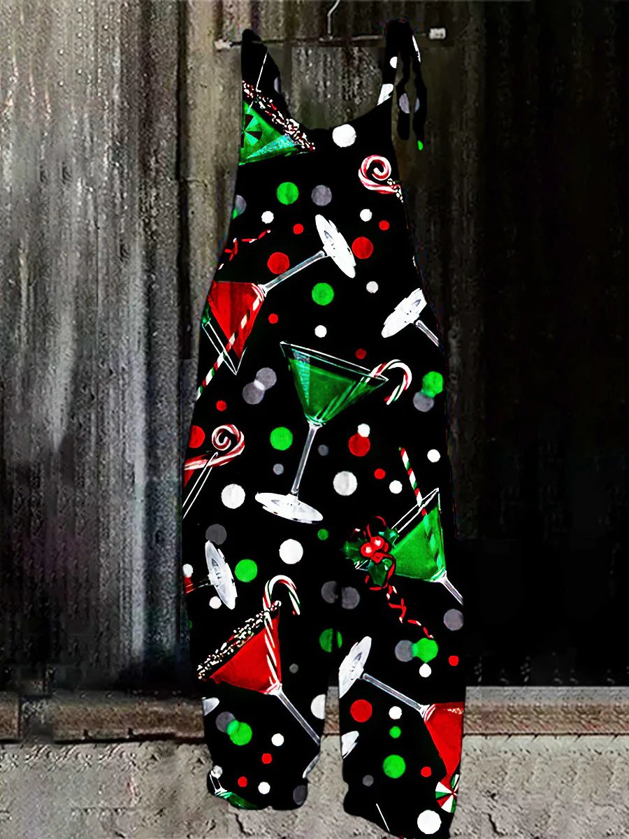 Christmas wine glass print casual jumpsuit