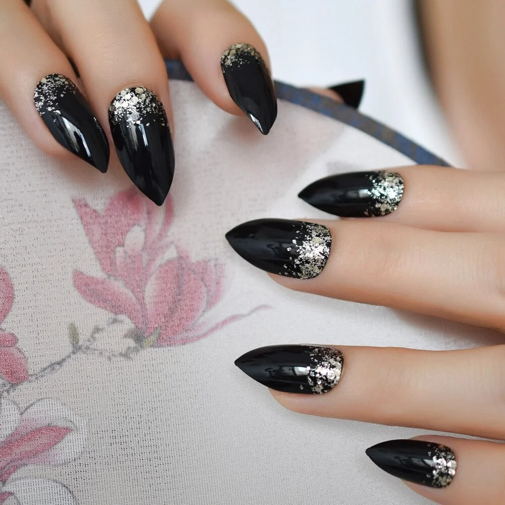 gel Glitter Stiletto Fake Nails Super Sharp Tip Charmpagne Black Press on manicure Tips Shimmer Fingernails Custom