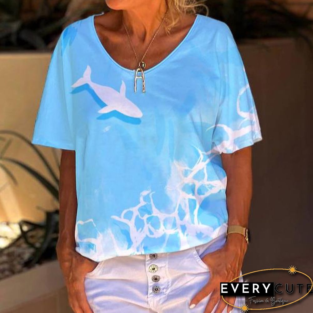 White Pattern Women Blue Tee