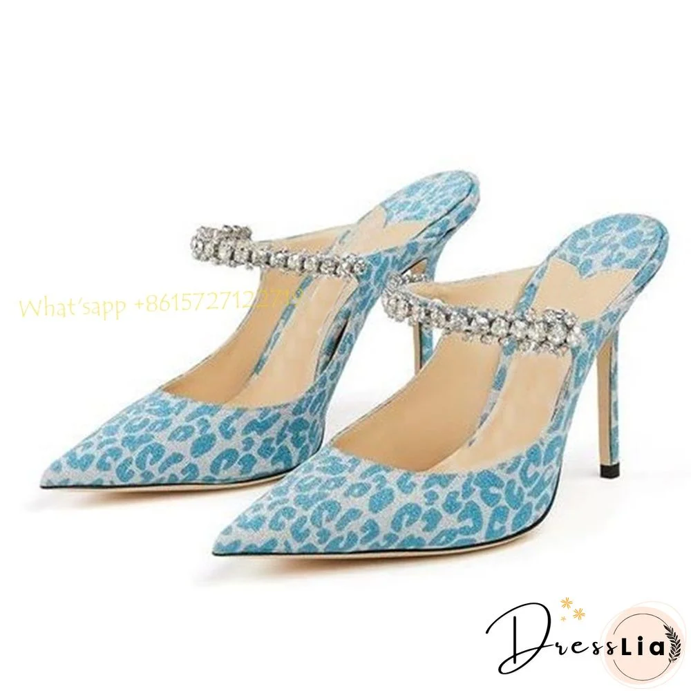Leopard Crystal Ankle Wrap Mules Slippers Women Summer Outfit Blue High Heels Pointy Toe Slippers Sexy New Arrival Party Shoes