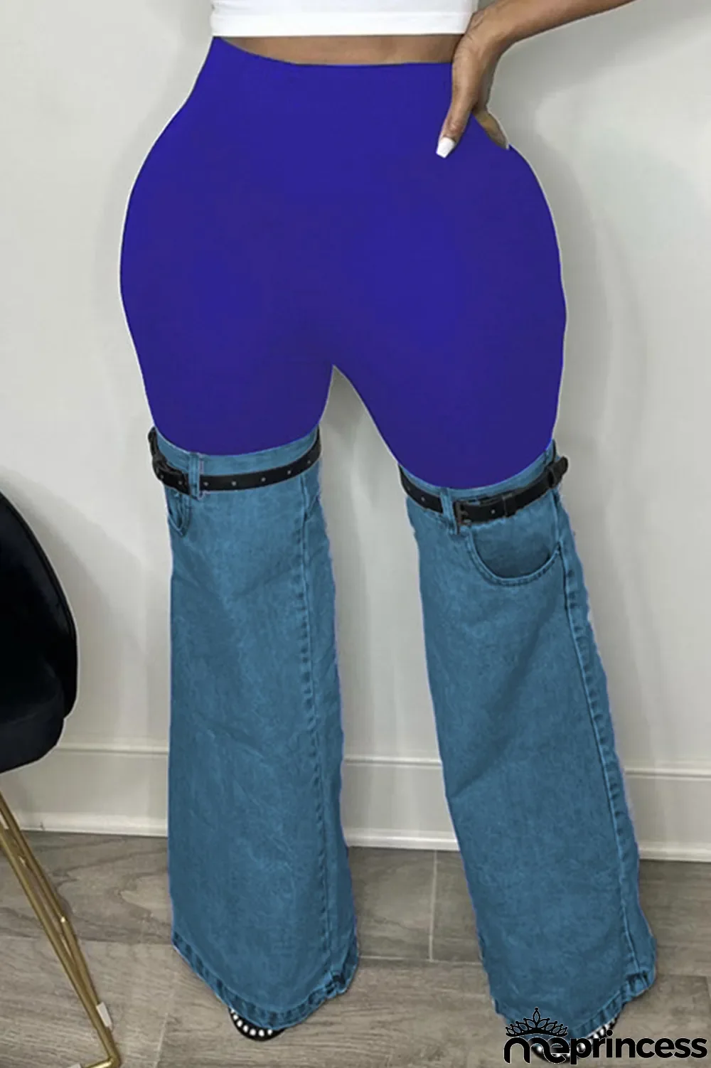 Blue Casual Patchwork Contrast Regular High Waist Conventional Patchwork Trousers