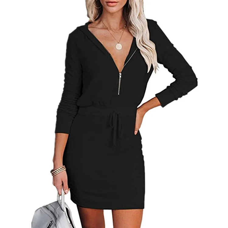 Woman Zip Long Sleeve Hooded Tunic Dress