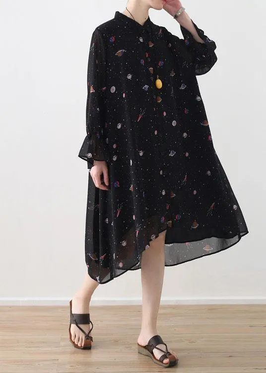 2021 Spring Summer Black Chiffon Flared Sleeve Floral Dress