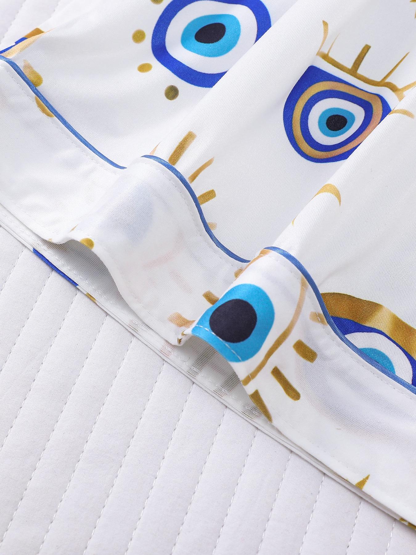 Women's All Over Cartoon Eye Print Short Sleeve Two-Piece Set, Comfy Button-Front Chest Pocket Lapel Neck Top & Elastic Waist Shorts PJ Set, Ladies Sleepwear for All Seasons, Pajamas, Loungewear