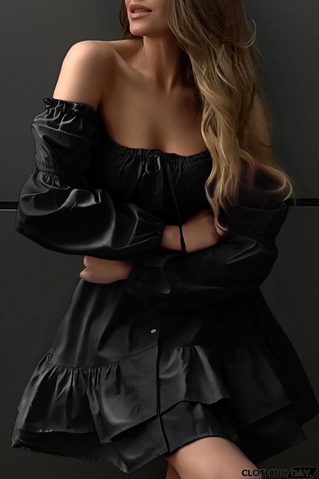 Puff Sleeve Single-breasted Ruffle Dress