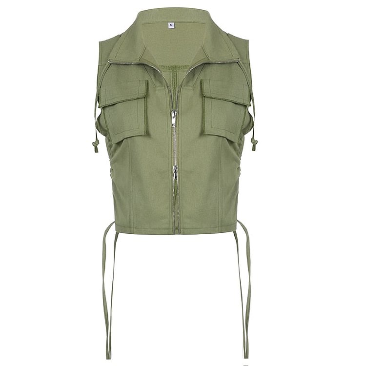 Sweetown Pockets Cargo Jacket Vest Female Stitching Shirring Drawstring Y2K Waistcoat Zip Up Casual Streetwear Corset Tanks