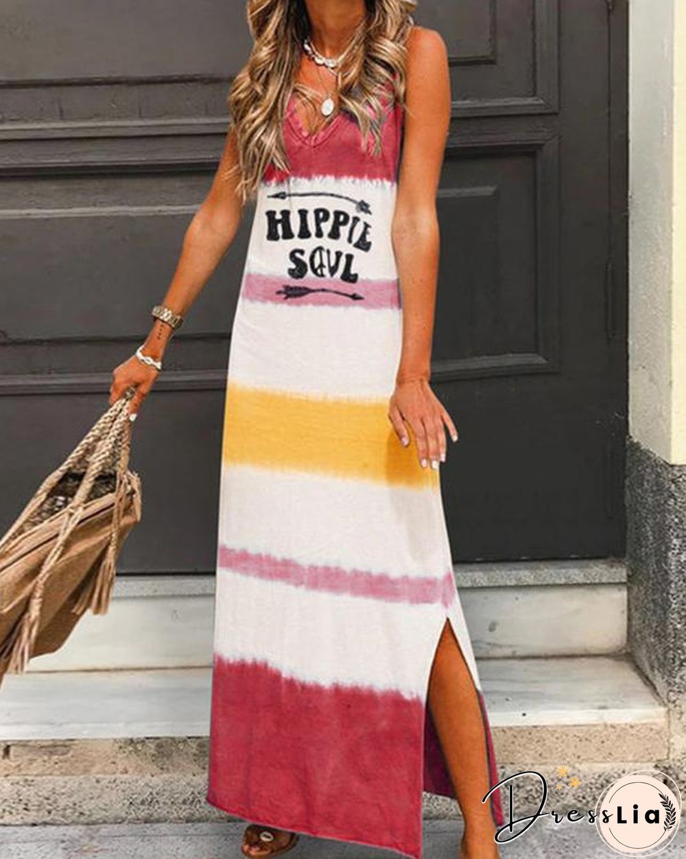 V Neck Casual Sleeveless Gradient Maxi Dresses