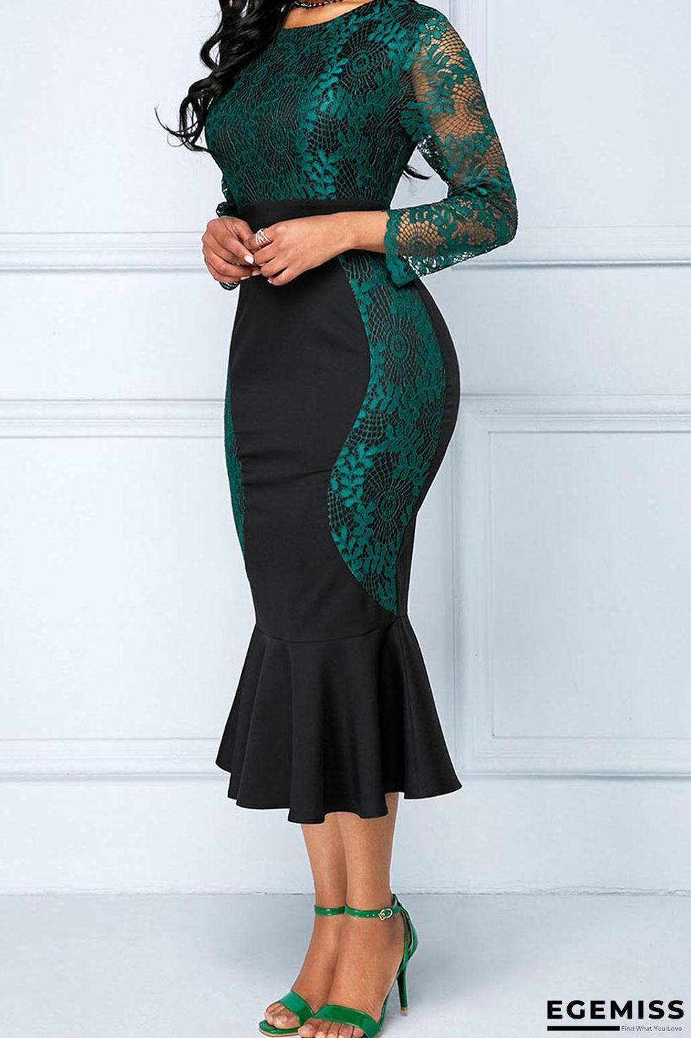 Green Sexy Solid Embroidered Hollowed Out Patchwork O Neck Trumpet Mermaid Dresses | EGEMISS