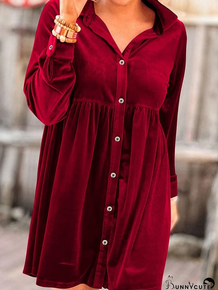 Crimson Long Sleeve Crinkle Velvet Shirt Dress with Ruffle Detail