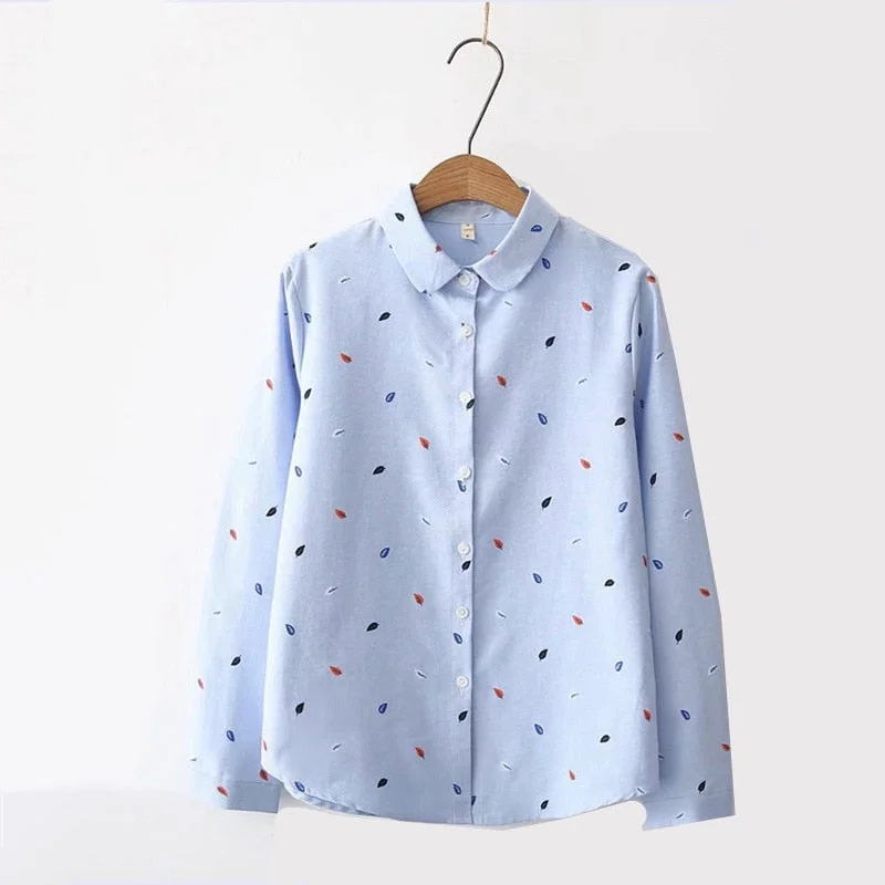 2019 New White Cotton Leaf Print Blouse Female Casual Long Sleeve Top Turn Down Collar Feminina Plus Size Blusas Girls Shirt F