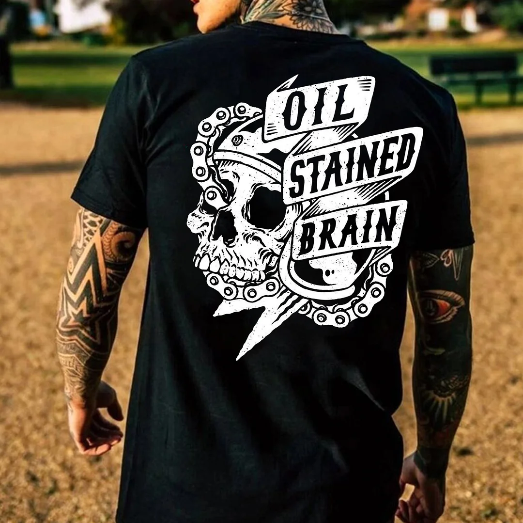 OIL STAINED BRAIN Helmet Skull Print Men's T-shirt