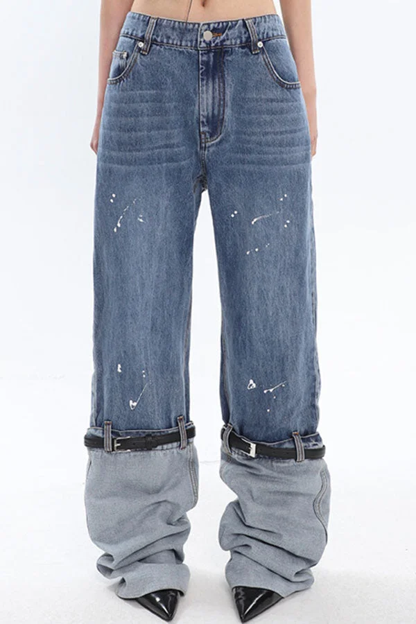 Hit Color Patchwork Belt Design Striking Jeans