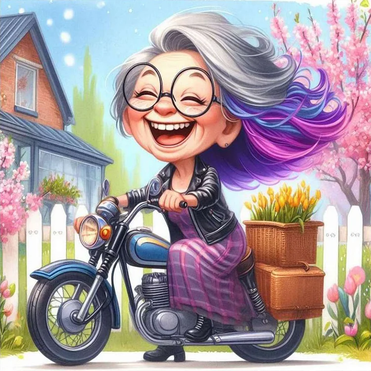 Full Round Diamond Painting - Happy Old Lady Riding A Bicycle 30*30CM