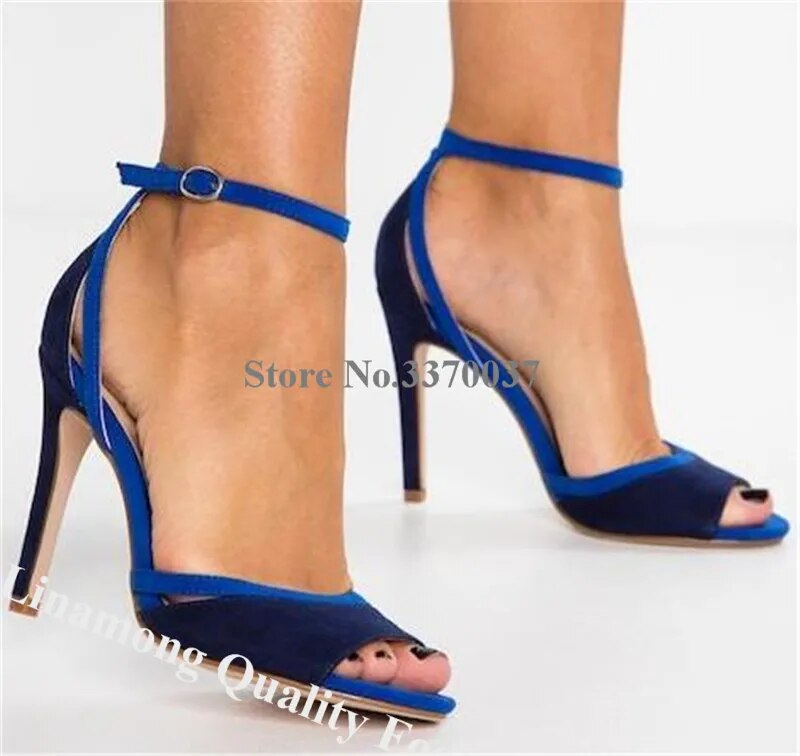 Peep Toe Blue Suede Stiletto Heel Sandals Patchwork Ankle Straps Cut-out High Heel Sandals Dress Heels
