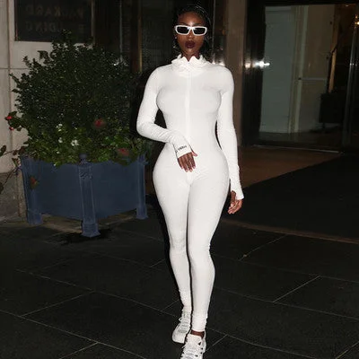 Brownm Zipper Stretch Turtleneck Embroidered Street Hipster Slim Fit Fitness Jumpsuit Yoga Suit