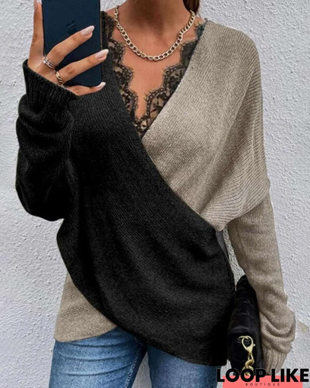 Color Block Contrast Lace V-Neck Wrap Sweater