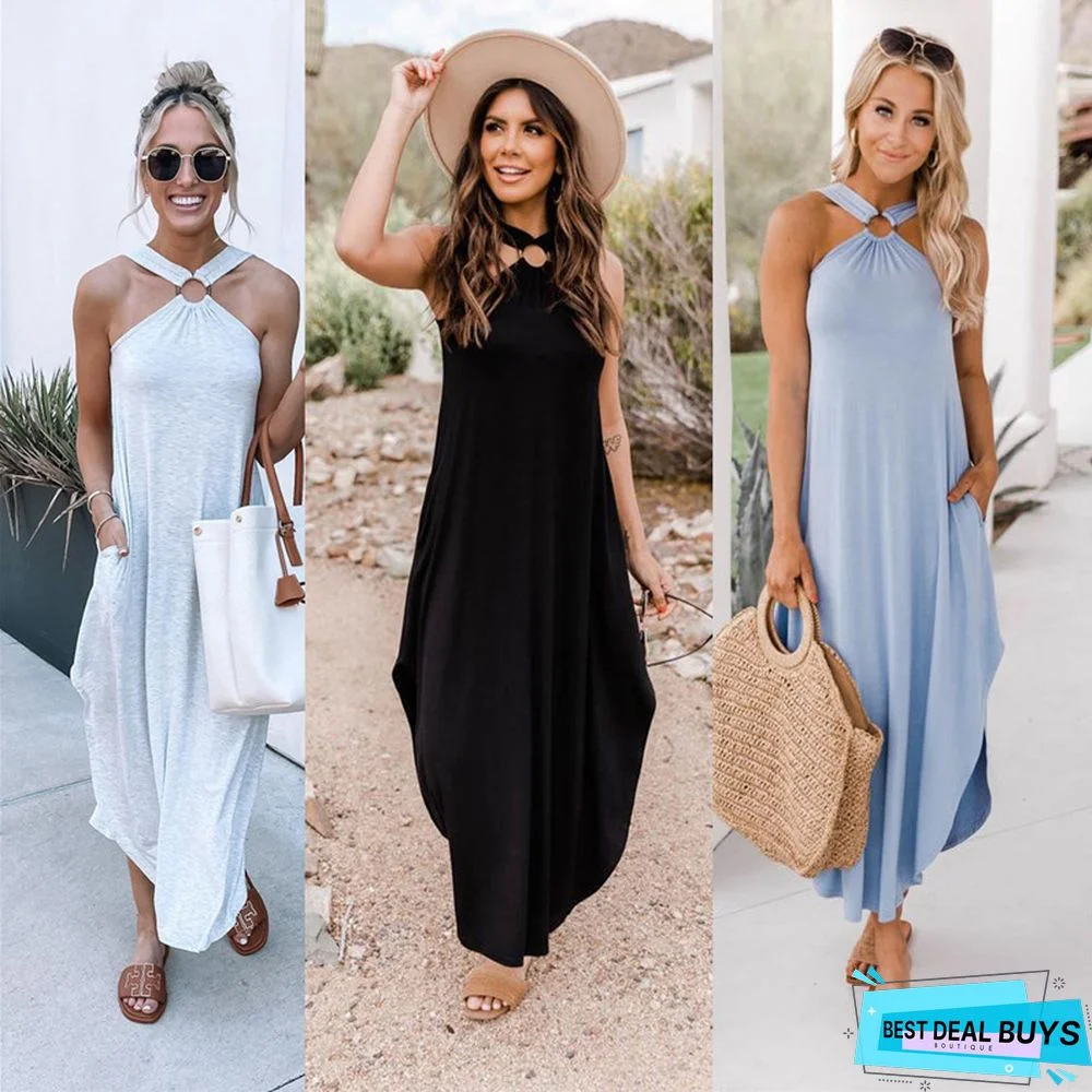 Off-The-Shoulder Casual and Comfortable Long Pocket Dress with Hanging Neck