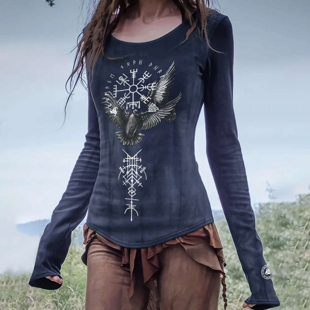 Retro Tribal Bird Viking Ethnic Graphics Long-Sleeved T-Shirt wearshes